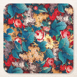 Vintage rote Rosen und lila Blumenmuster Rechteckiger Pappuntersetzer
