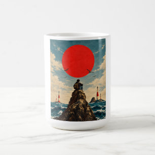 Vintage Rote Sonne Ozean und einsamer Reisender Kaffeetasse