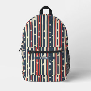 Vintage rote, weiße und blaue Streifen mit Sternen Bedruckter Rucksack