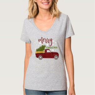 Vintage roter LKW Frohe Weihnachten Baum Retro T-Shirt