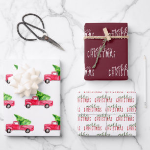 Vintage roter LKW Frohe Weihnachten Rustikal Geschenkpapier Set