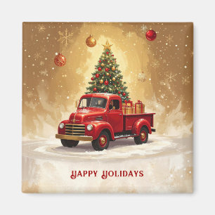 Vintage roter LKW mit Weihnachtsbaum-Magnet Magnet