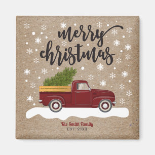 Vintage roter LKW mit Weihnachtsbaum Retro Magnet