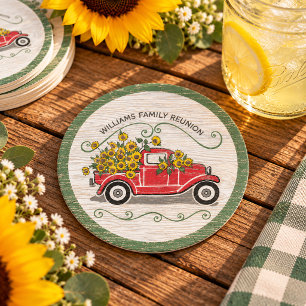 Vintage roter LKW Sonnenblumen rustikale Familient Runder Pappuntersetzer