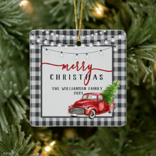 Vintage roter LKW und Baum Froher Familienname  Keramikornament