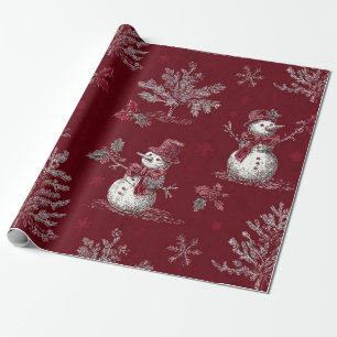 Vintage roter Toile-Christmas-Botanik - Schneemann Geschenkpapier