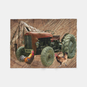 Vintage roter Traktor Hahn Henne rustikaler Stall Fleecedecke