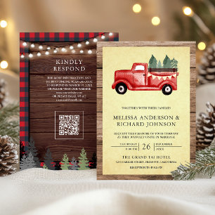 Vintage roter Weihnachts-LKW Holz QR-Code Hochzeit Einladung