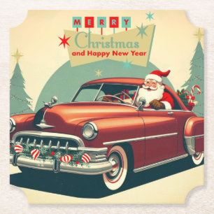 Vintage rotes Auto & Weihnachtsmann Untersetzer