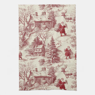 Vintage rotes Toile-de-Jouy-Christmasdorf - Santa Geschirrtuch