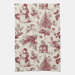 Vintage rotes Toile-de-Jouy-Christnachts-Botanik - Geschirrtuch