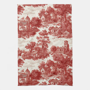 Vintage rotes Toile-Landschaftsnaturmuster Geschirrtuch