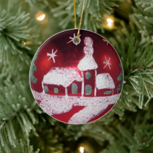 Vintage rotes weißes schneebedecktes Weihnachtshau Keramik Ornament