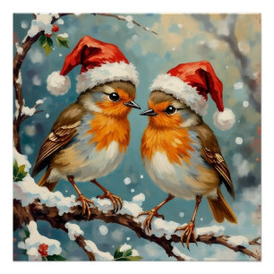 Vintage Rotkehlchen mit Weihnachtsmannmützen auf s Poster