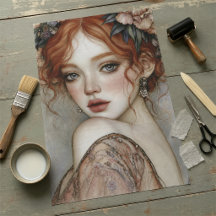 Vintage-Rotkopf-Blumenporträt-Decoupage