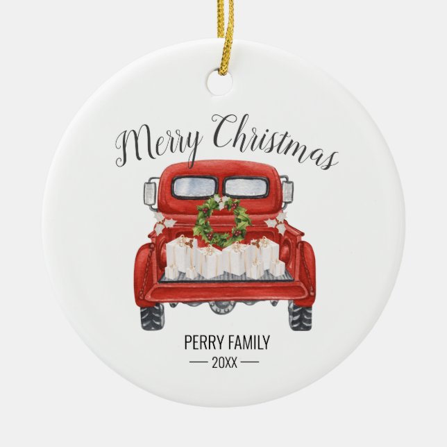Vintage Rotlastwagenfamilie Keramik Ornament (Vorne)