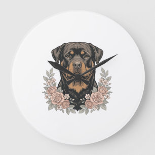 Vintage-Rottweiler-Blumenportrait-Shirt-Design_1 Große Wanduhr