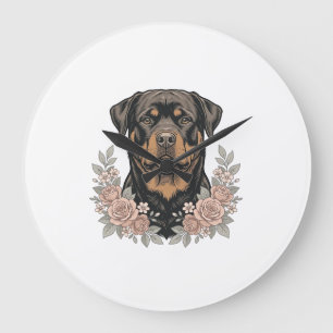 Vintage-Rottweiler-Blumenportrait-Shirt-Design_1 Große Wanduhr