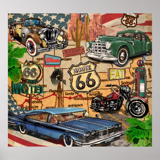 Vintage Route 66, affiche nostalgique. (Devant)