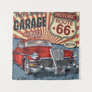 Vintage Route 66 Garage Retro-Plakat mit retro Aut Wandteppich