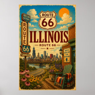 Vintage Route 66 Illinois Chicago Garten Reise Poster