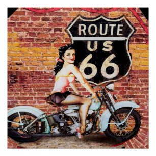 Vintage Route 66 Lady auf Motorrad Poster