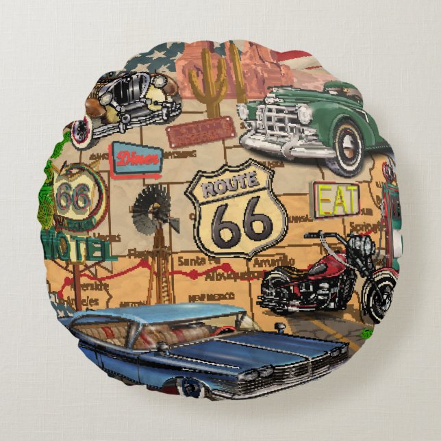 Vintage Route 66, nostalgisches Poster. Rundes Kissen (Vorderseite)