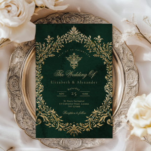 Vintage Royal Emerald Gold Wedding Einladung