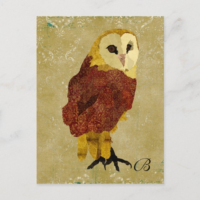 Vintage Ruby Owl Monogramm Postkarte (Vorderseite)