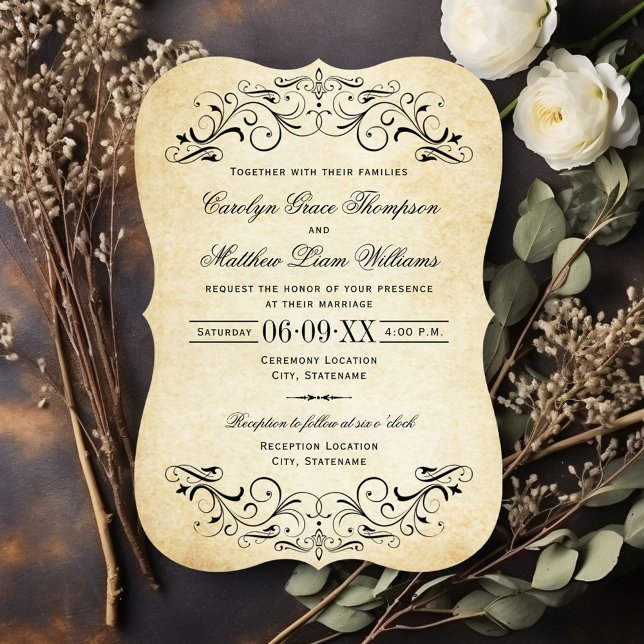 Vintage Rustic Black Flourish Parchment Wedding Einladung (Von Creator hochgeladen)