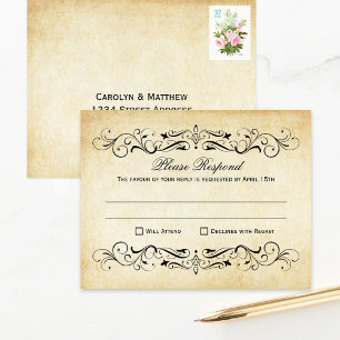 Vintage Rustic Black Flourish Parchment Wedding RSVP Karte