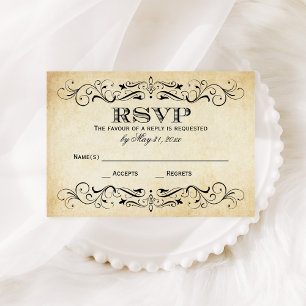 Vintage Rustic Black Flourish Parchment Wedding RSVP Karte