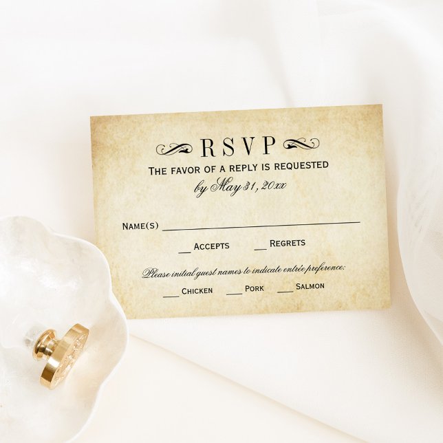 Vintage Rustic Black Flourish Parchment Wedding RSVP Karte (Von Creator hochgeladen)