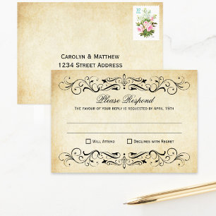 Vintage Rustic Black Flourish Parchment Wedding RSVP Karte