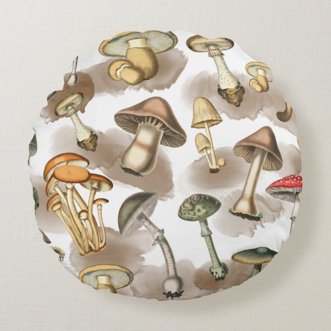 Vintage Rustic Forest Mushrooms Rundes Kissen (Vorderseite)