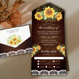 Vintage Rustic Sunflowers Bouquet Wood Wedding All In One Einladung