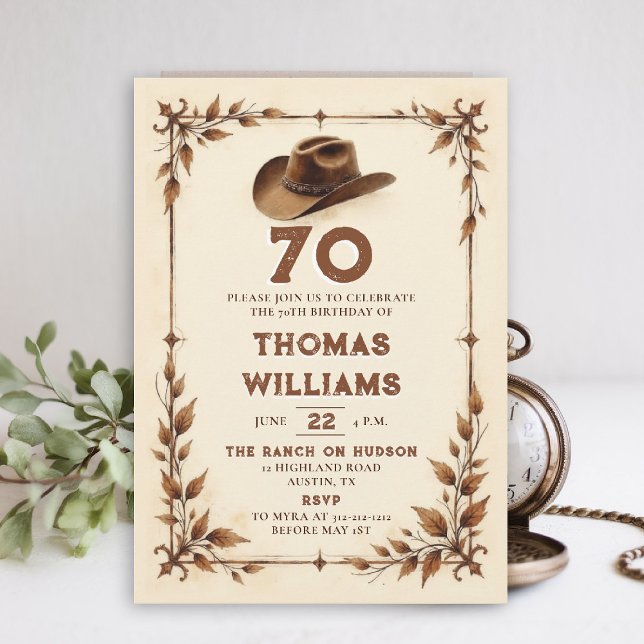 Vintage Rustic Western Leaf Cowboy 70th Birthday  Einladung (cowboy birthday invitation men 70th rustic vintage botanical country western husband dad grandpa)