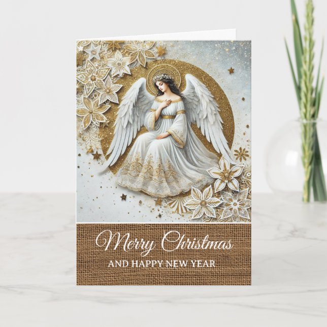 Vintage Rustic White and Gold Angel Christmas  Karte (Vorderseite)