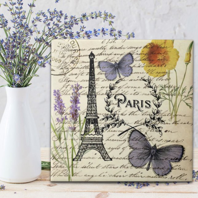 vintage rustikal französischer Schmetterling Paris Fliese (vintage rustic french butterfly paris eiffel tower ceramic tile)