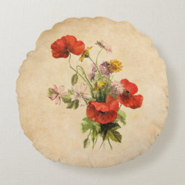 Vintage Rustikale Bouquet Rote Poppies Wilde Blume Rundes Kissen