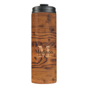 Vintage rustikale braune verbrannte Holz-Monogramm Thermosbecher