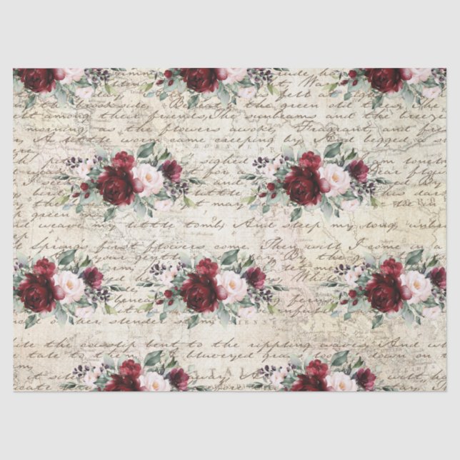 Vintage rustikale Burgund Rose Alte Buchstabendeko Seidenpapier (Vorderseite)