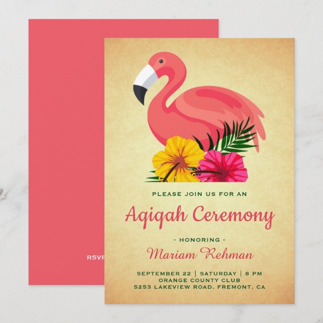 Vintage Rustikale Flamingo Aqiqah Einladung (Vorne/Hinten)