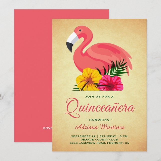 Vintage Rustikale Flamingo Quinceanera Einladung (Vorne/Hinten)