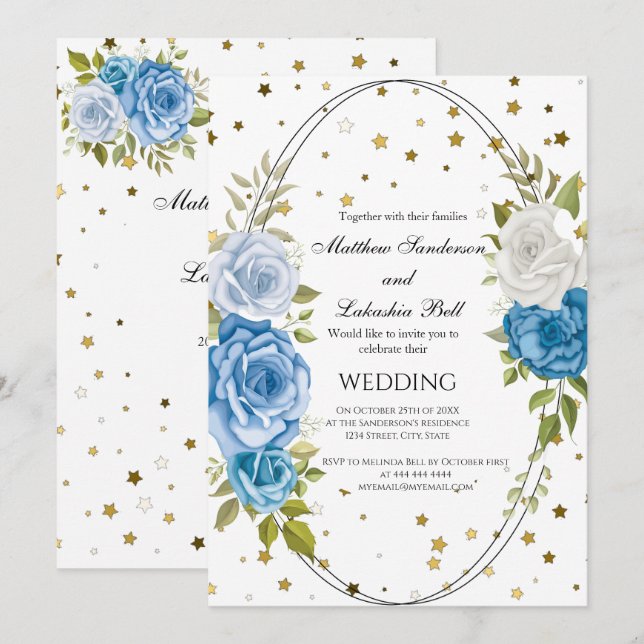 Vintage rustikale Hochzeit Blumen Goldstars Einladung (Vorne/Hinten)