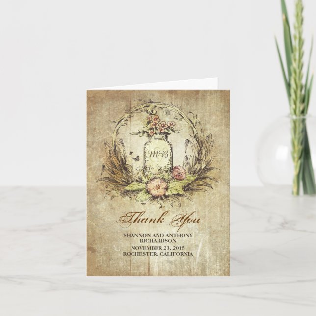 Vintage rustikale Hochzeit des Maurerglases danken Dankeskarte (Vorderseite)