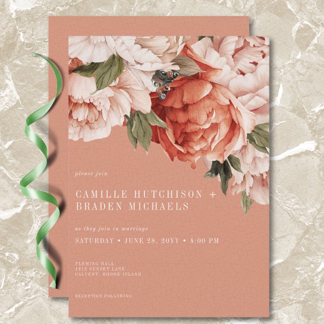Vintage Rustikale Hochzeiten Einladung (Vintage Rustic Rust & Peach Peonies Wedding Invitation)