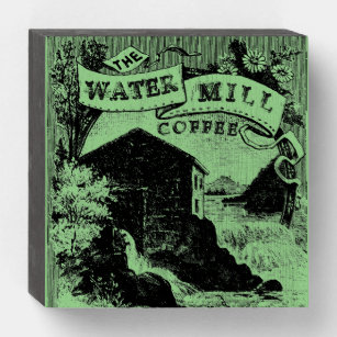 Vintage rustikale Kaffeewerbung mit Wassermühle Holzkisten Schild
