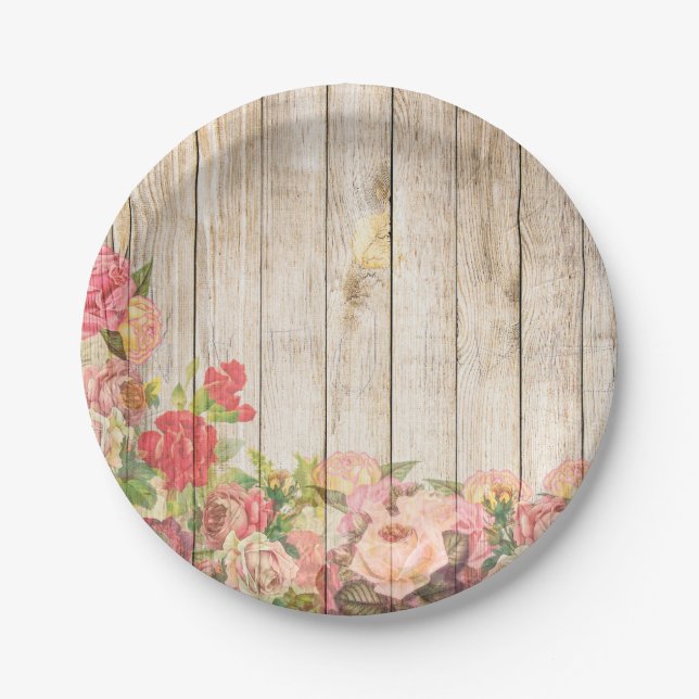 Vintage rustikale romantische Rose Holz Pappteller (Vorderseite)