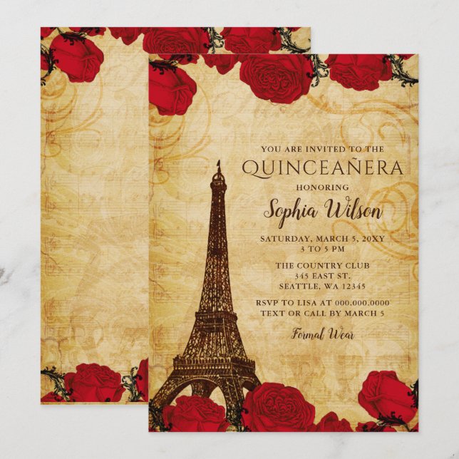 Vintage rustikale Rose Eiffelturm Quinceañera Einladung (Vorne/Hinten)